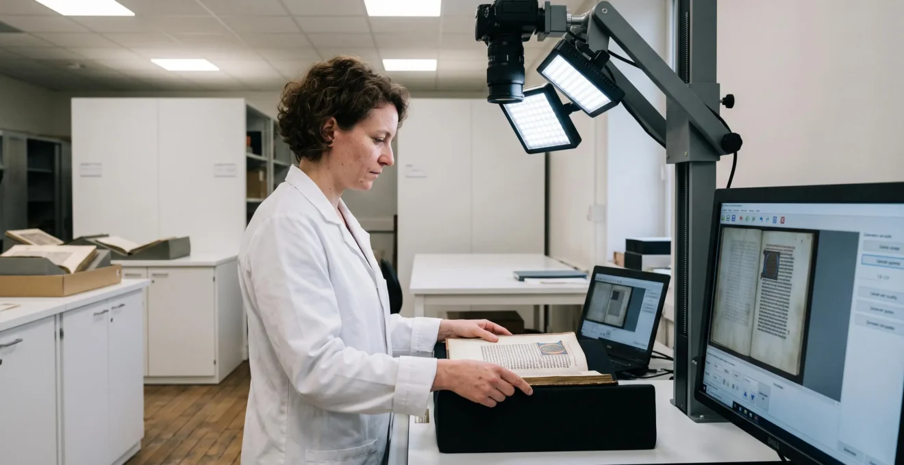 Chercheuse en blouse de laboratoire positionnant un manuscrit ancien sous un scanner haute résolution monté sur bras articulé, avec écran montrant l'aperçu de numérisation