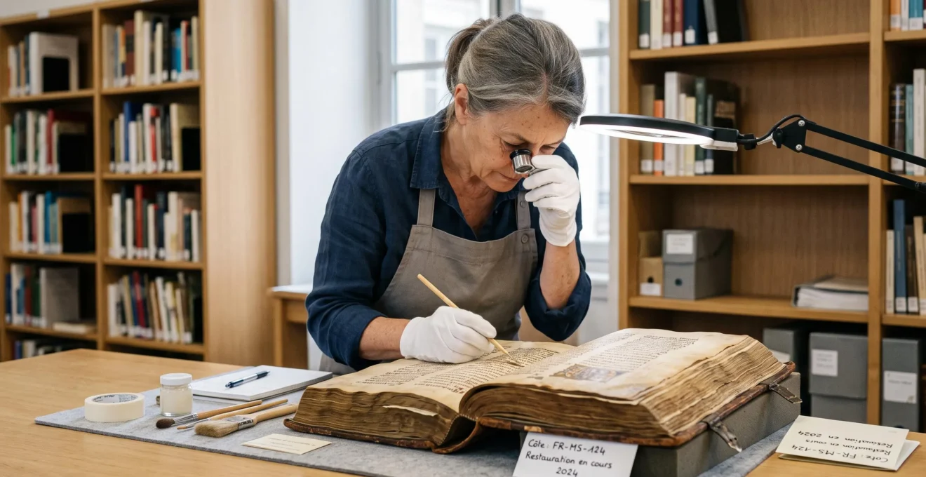 Conservateur examinant un manuscrit ancien ouvert sur une table de bibliothèque patrimoniale, portant des gants blancs et tenant une loupe, dans une lumière naturelle douce