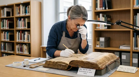 Conservateur examinant un manuscrit ancien ouvert sur une table de bibliothèque patrimoniale, portant des gants blancs et tenant une loupe, dans une lumière naturelle douce