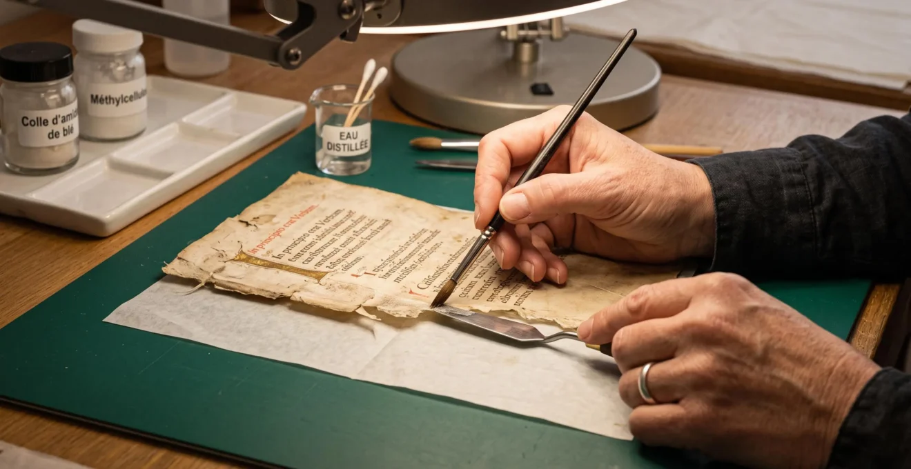 Gros plan sur les mains d'un restaurateur appliquant délicatement du consolidant avec un pinceau fin sur le bord déchiré d'un manuscrit ancien, avec outils de conservation visibles