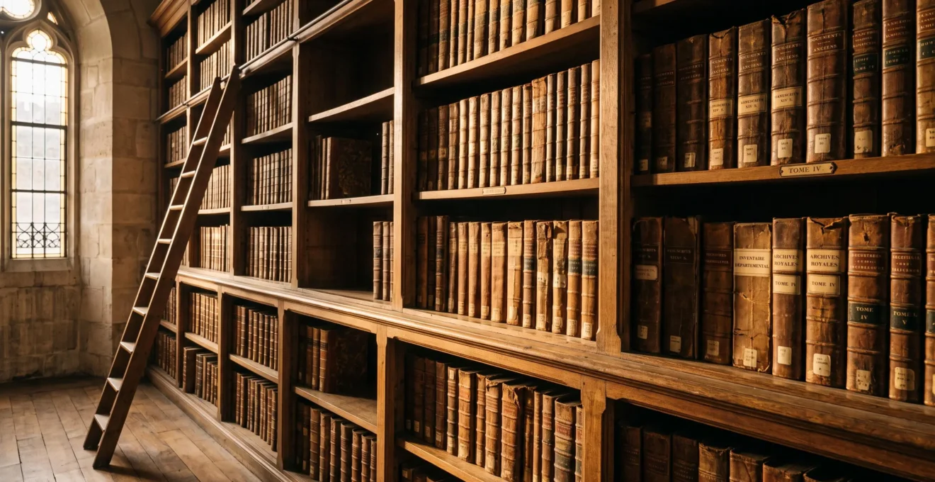 Rayonnages en bois ancien d'une bibliothèque patrimoniale française, chargés de volumes reliés cuir et de boîtes d'archives, avec une échelle en bois et lumière dorée filtrant par une fenêtre gothique