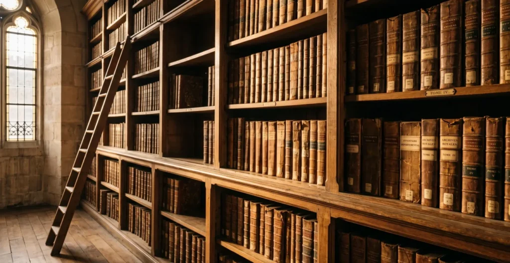 Rayonnages en bois ancien d'une bibliothèque patrimoniale française, chargés de volumes reliés cuir et de boîtes d'archives, avec une échelle en bois et lumière dorée filtrant par une fenêtre gothique Rayonnages en bois ancien d'une bibliothèque patrimoniale française, chargés de volumes reliés cuir et de boîtes d'archives, avec une échelle en bois et lumière dorée filtrant par une fenêtre gothique